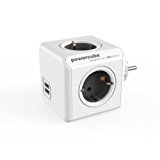 allocacoc PowerCube Duo USB Original Grau, Reiseadapter & 4x Steckdose und Verteiler mit 2 x USB, 230V Schuko, Wei&szlig, Grau: