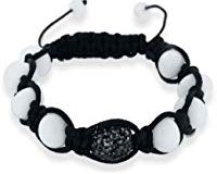 Shamballa Unisex Schwarze  Kordel Wei&szlig,er  Agat u. Schwarze Kristallkugeln verstellbares Armband 19cm